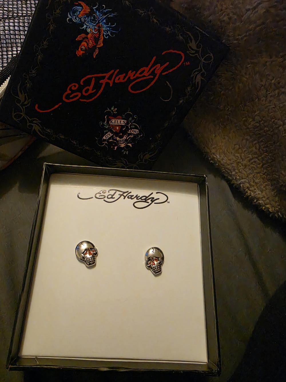 Ed Hardy Silver Skull Stud Earrings with Red Eye Accents